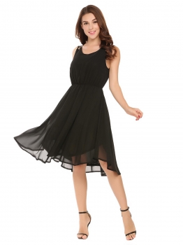 

Black Sleeveless Solid O Neck Ruched Cocktail Party A-Line Dress, Multicolor