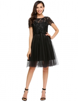 

Black O-Neck Short Sleeve Lace Patchwork Mesh Dress, Multicolor