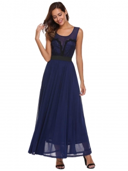 

Dark blue Back V Sleeveless Lace Patchwork Maxi Dress, Multicolor