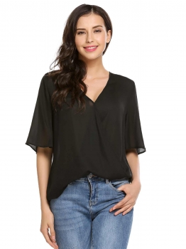 

Black Surplice V-Neck Short Sleeve Solid Chiffon Blouse, Multicolor