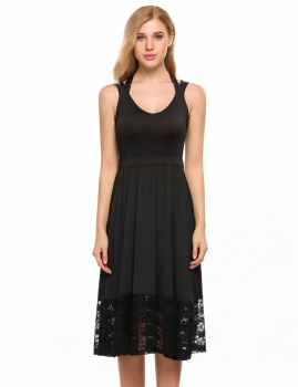 

Black Sleeveless Solid Lace Patchwork Swing Dress, Multicolor