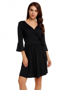 

Black 3"4 Flare Sleeve Solid Surplice Neck Short Dress, Multicolor