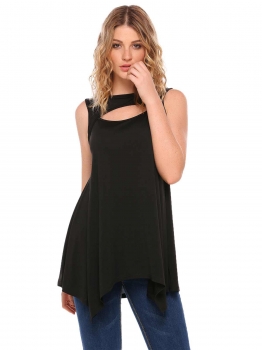 

Black O-Neck Sleeveless Keyhole Solid Tank Tops, Multicolor