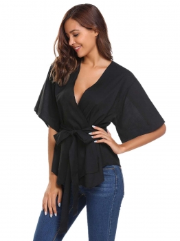 

Black V-Neck Half Sleeve Solid Tops with Belt, Multicolor
