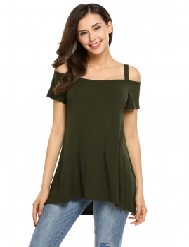 

Army green Solid Spaghetti Strap Short Sleeve Loose Fit Casual Tops, Multicolor