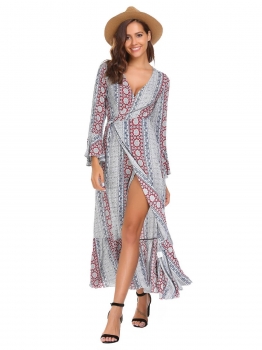 

Red Bohemian Flare Sleeve Print Maxi Dress, Multicolor