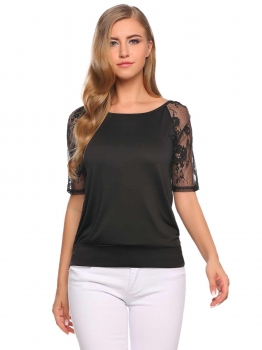 

Black O-Neck Half Sleeve Lace Patchwork Casual Tops, Multicolor