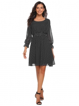 

Black Long Sleeve Elastic Waist Dot A-Line Dress, Multicolor