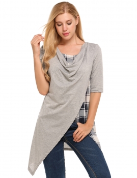 

Grey Round Draped Neck Half Sleeve Asymmetry Patchwork Plaid Tops, Multicolor