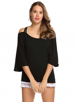 

Black Mesh Patchwork Cold Shoulder O-Neck Batwing Sleeve Tops, Multicolor