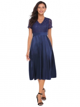 

Dark blue V-Neck Short Sleeve Lace Patchwork A-Line Midi Evening Dress, Multicolor