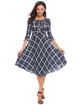 

Dark blue Women Fashion Tie V-Neck 3"4 Sleeve Plaid A-Line Dress, Multicolor