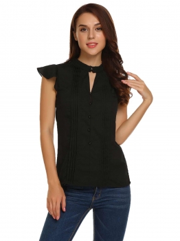 

Black Cap Short Sleeve Solid Front Button Pleated Casual Top, Multicolor