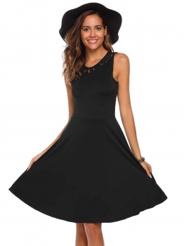 

Black O-Neck Sleeveless Lace Patchwork A-Line Dress, Multicolor