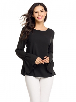 

Black Flare Sleeve Keyhole Black O Neck Solid Tops, Multicolor
