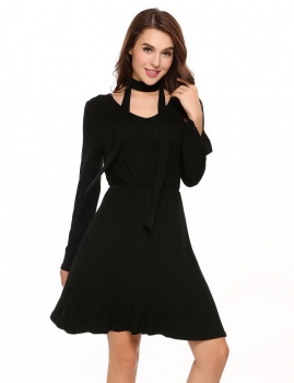 

Black Long Sleeve Solid V Neck Okinawa Jersey Casual Dress, Multicolor