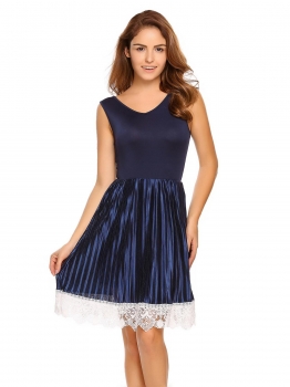 

Navy blue Sleeveless Lace Patchwork V Neck A-Line Dress, Multicolor
