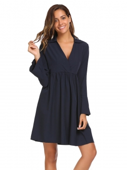 

Navy blue Solid Flare Sleeve V Neck Loose Pleated Swing Dress, Multicolor