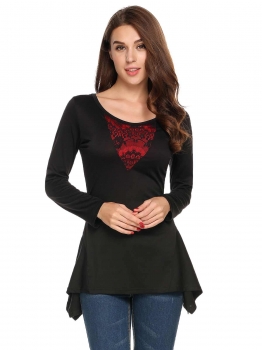 

Black O-Neck Long Sleeve Lace Patchwork Asymmetric Tops, Multicolor