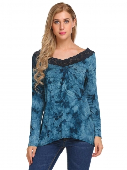 

Blue Women Fashion Long Sleeve Printed Lace-trimmed T-Shirt, Multicolor