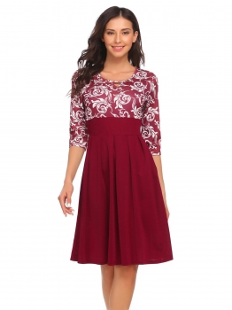 

Wine red 3"4 Sleeve​ Keyhole Front Pleated Print Patchwork Going Out Dress, Multicolor