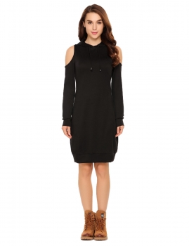

Black Solid Cold Shoulder Drawstring Hooded Slim Dress, Multicolor