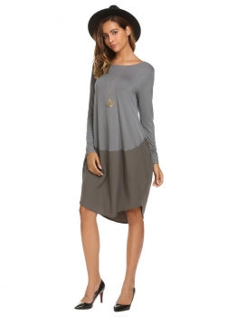

Dark gray Long Sleeve Patchwork O Neck Round Hem Loose Dress, Multicolor