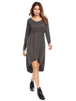 

Dark Grey Long Sleeve Hooded High Low Ruched Waist Solid Casual Dress, Multicolor