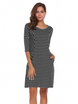 

Black white 3"4 Sleeve Striped Neck Pockets Loose Dress, Multicolor