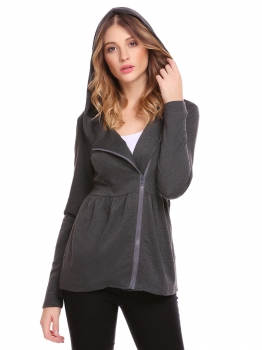 

Dark Grey Women Long Sleeve Hooded Full Zip Solid Casual Hoodie Jacket Coat with Pocket, Multicolor