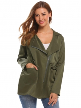 

Army green Women Hooded Long Sleeve Zipper Waist Drawstring Jacket with Side Pockets, Multicolor
