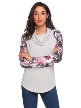 

Gray Floral Patchwork Stand Neck Long Sleeve Tops, Multicolor