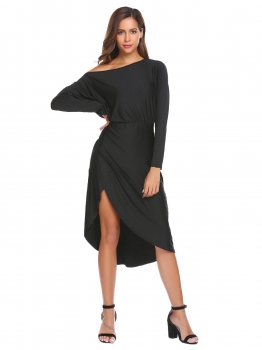 

Black Long Sleeve Solid Oblique Collar One Shoulder Calf Length Asymmetrical Causal Dress, Multicolor