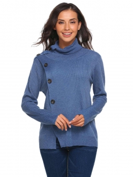 

Blue Long Sleeve Solid Button Warm Sweater, Multicolor