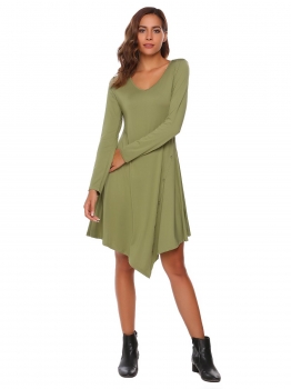 

Army green Long Sleeve Solid O Neck Asymmetrical Dress, Multicolor