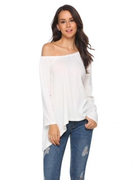 

Beige Solid One Shoulder Loose Asymmetrical Long Sleeve Tops, Multicolor