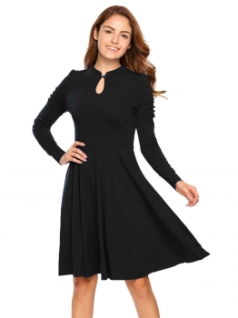 

Black Keyhole Long Sleeve Solid A-Line Dress, Multicolor