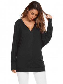 

Black V-Neck Long Batwing Sleeve Solid Tunic Casual Tops, Multicolor