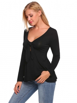 

Black V-Neck Long Sleeve Solid Keyhole Knot Tops, Multicolor