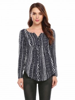 

Navy blue Print Notch Neck Long Sleeve Loose Tops, Multicolor