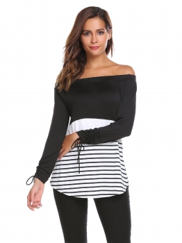 

Black Long Sleeve Slim Striped Patchwork Off Shoulder Fitted Blouse Top, Multicolor