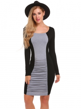 

Black Long Sleeve Contrast Color Ruched Pencil Dress, Multicolor