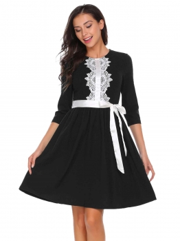 

Black O-Neck 3"4 Sleeve Lace Patchwork Dress, Multicolor