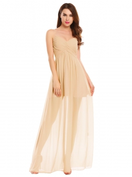

Apricot Spaghetti Strap Seft-tie Ruched Waist Solid Chiffon Long Evening Dress, Multicolor