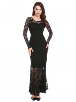 

Black Women Long Sleeve Empire Waist Floral Lace Evening Party Bridesmaid Dress, Multicolor