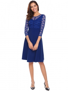 

Royal Blue Women Fashion O-Neck 3"4 Sleeve Lace Patchwork A-Line Dress, Multicolor