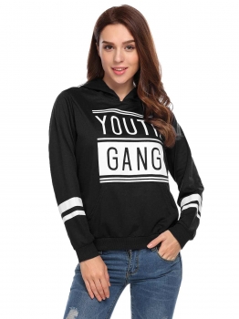 

Black Women Casual Long Sleeve Letter Print Pullover Pocket Hoodie, Multicolor