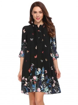 

Black Casual O-Neck Half Trumpet Sleeve Floral Pleated Loose Dress, Multicolor