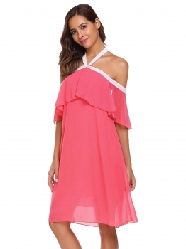 

Wine red Halter Sleeveless Ruffle Solid Loose Dress, Multicolor