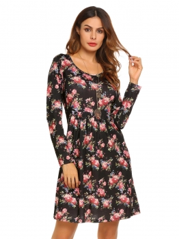 

Black Casual Long Sleeve Floral O Neck Ruched Loose Dress, Multicolor